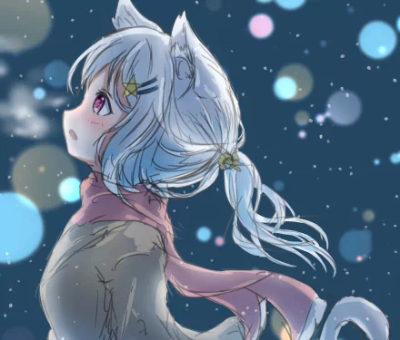 HD anime-style original desktop wallpaper featuring a white-haired character with a pink scarf gazing thoughtfully against a starry, bokeh-filled night sky background.