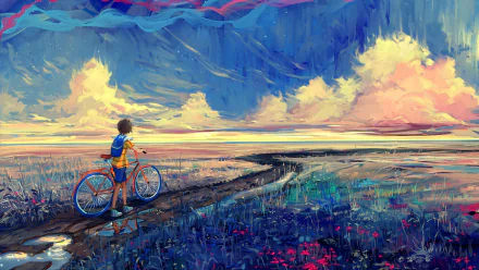 A colorful fantasy landscape depicts a person with a bike standing on a path that winds through vibrant fields under a dramatic, cloud-filled sky. HD desktop wallpaper.