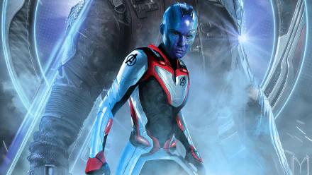 HD desktop wallpaper featuring Karen Gillan as Nebula from Avengers: Endgame, showcasing a vivid and dynamic scene from the movie set in the Marvel Comics universe.