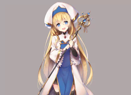 HD anime desktop wallpaper featuring Priestess from Goblin Slayer, holding her staff and dressed in her iconic cleric outfit against a neutral background.