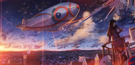 A stunning HD anime cityscape wallpaper showing an airship flying over rooftops at sunset, with a girl standing on a balcony, gazing at the beautiful, vibrant sky.