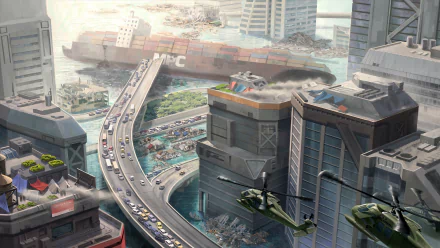 HD desktop wallpaper of a futuristic sci-fi city featuring towering buildings, elevated highways, and helicopters in mid-air. The backdrop includes a large cargo ship partially submerged in water.