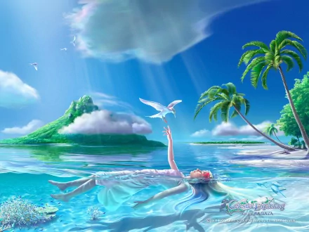 A fantasy HD desktop wallpaper featuring a woman floating in a serene beach setting, reaching for a bird. Palm trees and a lush island are seen in the background under a clear blue sky.