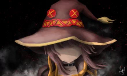 HD desktop wallpaper featuring Megumin from KonoSuba - God’s Blessing on This Wonderful World!! in an anime style, with her iconic large hat covering her eyes against a dark, smoky background.