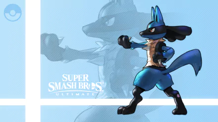 HD PC desktop wallpaper featuring Lucario from the video game Super Smash Bros. Ultimate in a dynamic pose against a blue background.