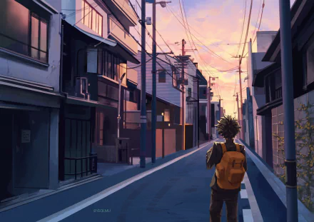 HD desktop wallpaper featuring Izuku Midoriya from My Hero Academia. The anime character is walking down a serene street at sunset, creating a tranquil and reflective atmosphere.