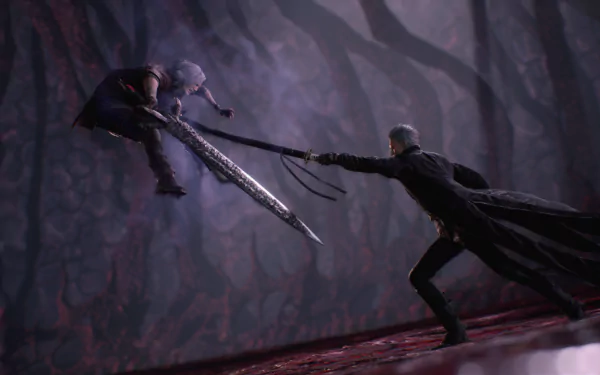 HD wallpaper depicting a dynamic battle scene between Vergil and Dante from Devil May Cry 5 video game, with Vergil lunging forward and Dante mid-air, both in a dark, atmospheric setting.
