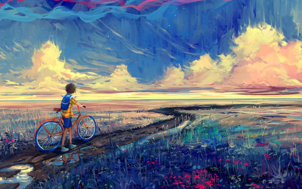 HD desktop wallpaper featuring a fantasy landscape with a child standing beside a bike, gazing at a vibrant, cloud-filled sky over a lush, colorful field.