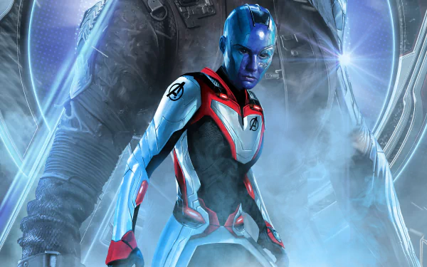 HD desktop wallpaper featuring Karen Gillan as Nebula from Avengers: Endgame, showcasing a vivid and dynamic scene from the movie set in the Marvel Comics universe.