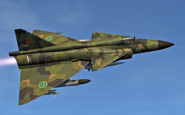 HD wallpaper featuring a Saab 37 Viggen military jet fighter in flight with Swedish camouflage against a clear blue sky.