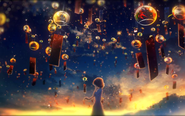 Anime-inspired HD desktop wallpaper featuring a surreal sunset with a silhouette of a person amidst floating clocks and glowing orbs.