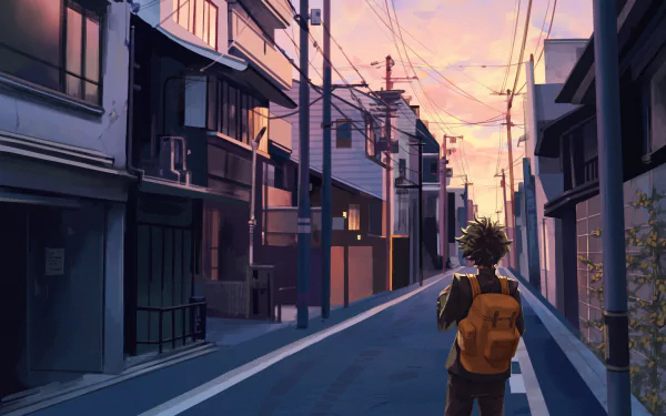 HD desktop wallpaper featuring Izuku Midoriya from My Hero Academia. The anime character is walking down a serene street at sunset, creating a tranquil and reflective atmosphere.