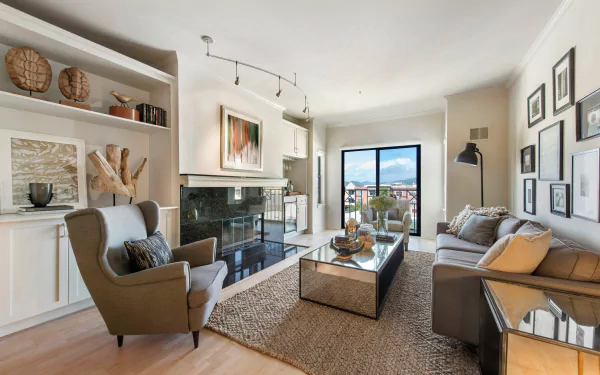 Bright living room featuring modern furniture, artwork, and large windows with city views, captured in 4K Ultra HD as a PC desktop wallpaper and background.