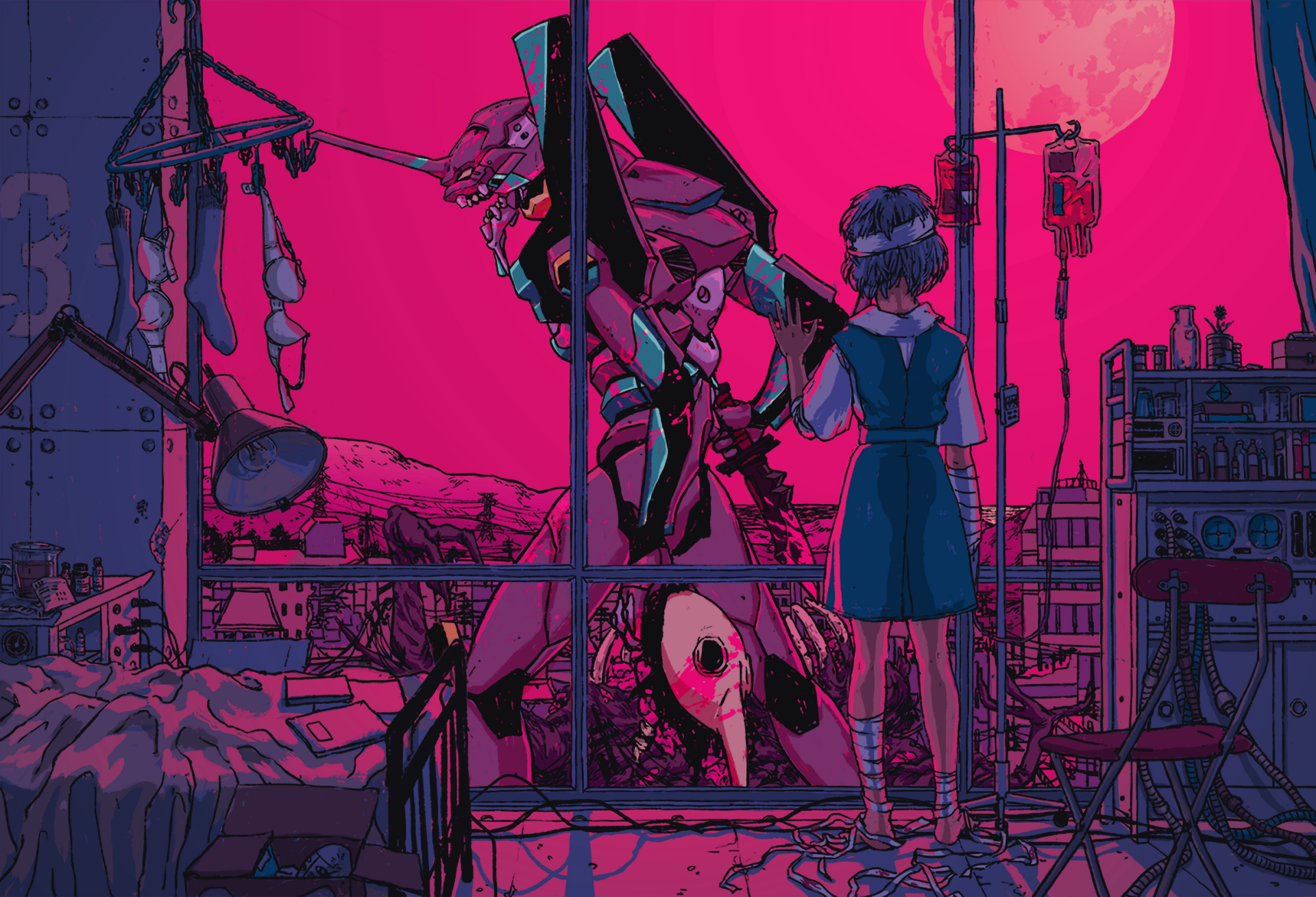 HD wallpaper featuring Rei Ayanami, Evangelion Unit-01, and Sachiel from Neon Genesis Evangelion, set against a vividly colored post-apocalyptic cityscape.