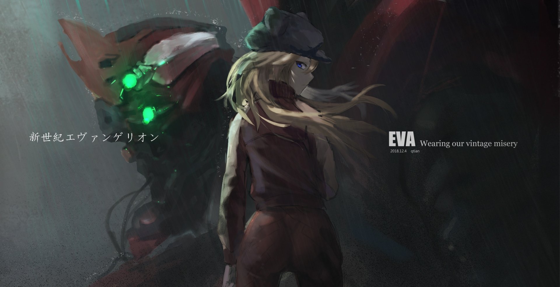 HD PC desktop wallpaper featuring Asuka Langley Sohryu from Evangelion: 3.0 You Can (Not) Redo, depicted in a dark, atmospheric anime style.