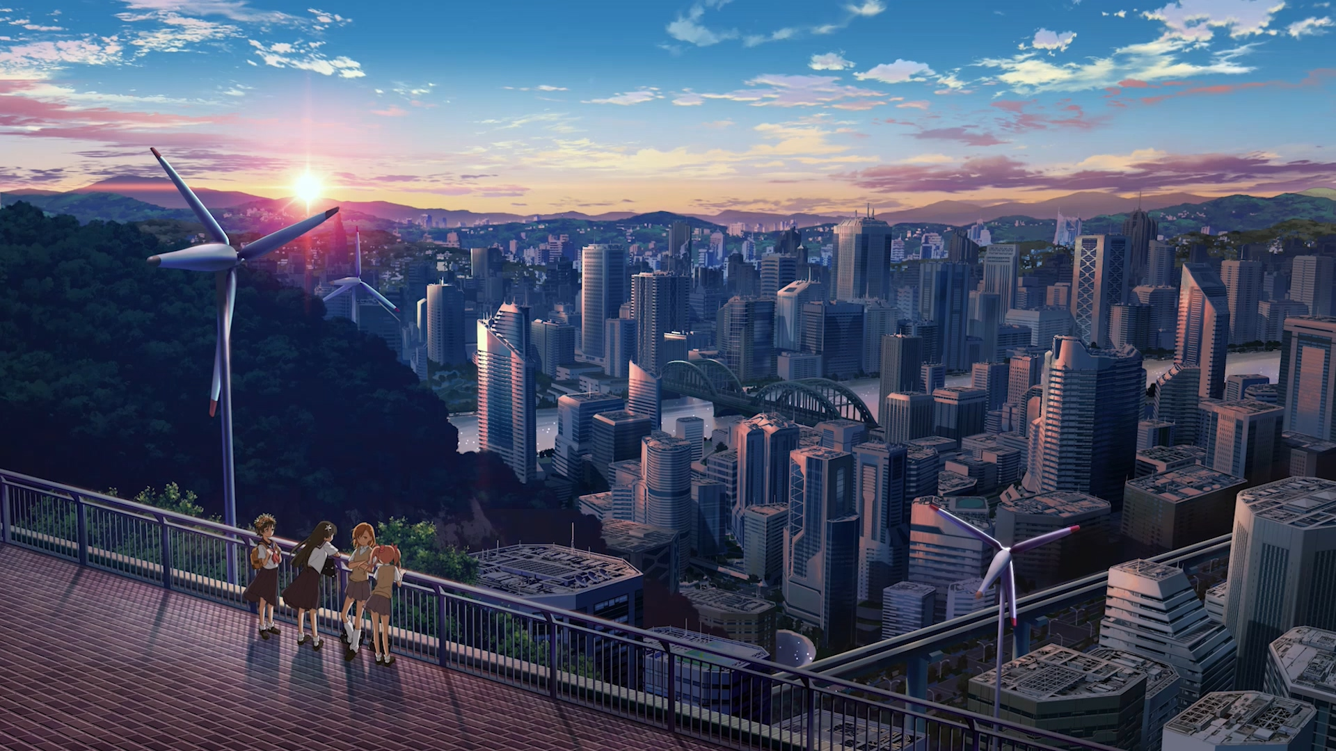 A tranquil sunset over a city skyline, featuring wind turbines and anime characters from A Certain Magical Index. This vibrant landscape captures a serene moment in high definition.