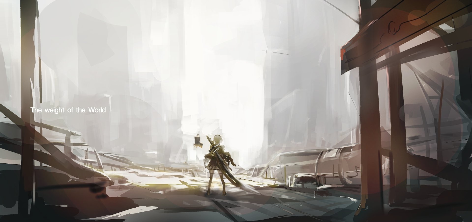 YoRHa No.2 Type B from NieR: Automata stands in a vast, futuristic cityscape. This 4K Ultra HD PC desktop wallpaper showcases the game's iconic character and atmosphere.