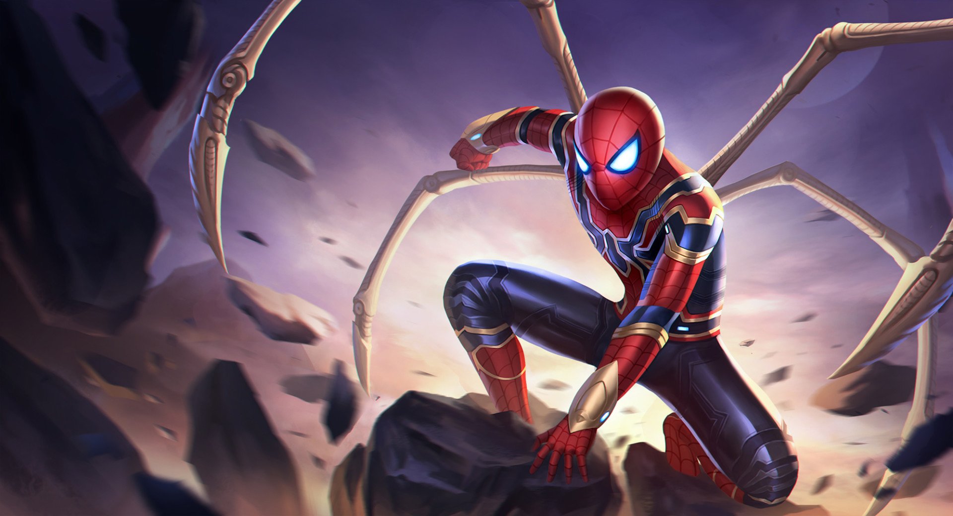 Spider-Man in his Iron Spider suit from Avengers: Infinity War crouches on rocky terrain with mechanical spider legs extended against a dynamic, glowing background.