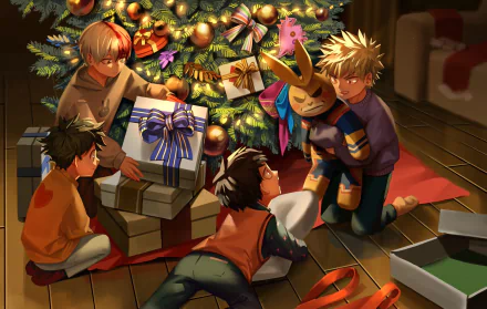 HD PC desktop wallpaper featuring Hanta Sero, Shoto Todoroki, Katsuki Bakugou, and Izuku Midoriya from My Hero Academia celebrating by a decorated Christmas tree.
