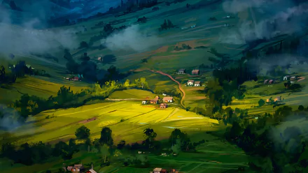 Artistic landscape featuring sunlit fields, scattered houses, and misty hills in vibrant colors, presented as a 4K Ultra HD PC desktop wallpaper and background.