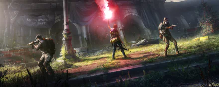 HD PC desktop wallpaper from the video game Tom Clancy's The Division 2, depicting armed characters exploring a post-apocalyptic urban environment with a red flare.