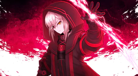 HD anime desktop wallpaper featuring Mysterious Heroine X Alter from Fate/Grand Order, depicted with a dark hooded outfit and red energy swirling around her hand.