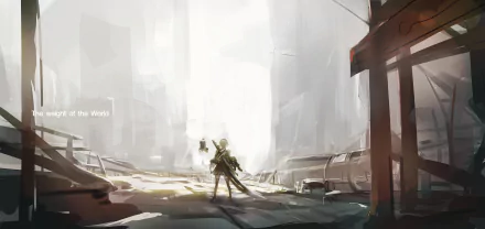 YoRHa No.2 Type B from NieR: Automata stands in a vast, futuristic cityscape. This 4K Ultra HD PC desktop wallpaper showcases the game's iconic character and atmosphere.