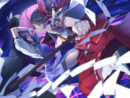 HD anime desktop wallpaper featuring Sumireko Usami and Reimu Hakurei from Touhou in dynamic, action-packed poses with vibrant colors and sharp details.
