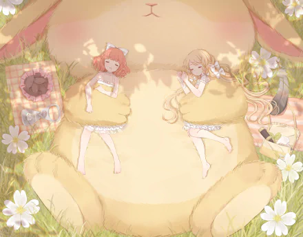 HD anime desktop wallpaper featuring two original characters with bows, one with pink short hair and the other with long blonde hair, lying on a giant rabbit-shaped cushion.