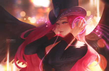 HD anime desktop wallpaper featuring an original character with long red hair wearing headphones and a hat, surrounded by vibrant glowing lights and musical notes.