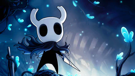 HD desktop wallpaper featuring a scene from the video game Hollow Knight, showcasing the main character in a mystical blue-lit environment surrounded by glowing butterflies.