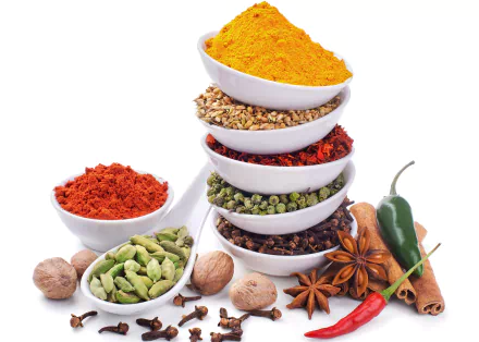 Vibrant still life of assorted herbs and spices, including turmeric, chili powder, green peppercorns, cardamom, star anise, and cinnamon sticks, arranged on white bowls.