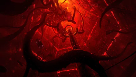 A dark, futuristic sci-fi cityscape with glowing red lights and intricate mechanical structures, designed as an HD PC desktop wallpaper background.