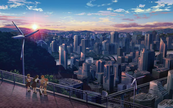 A tranquil sunset over a city skyline, featuring wind turbines and anime characters from A Certain Magical Index. This vibrant landscape captures a serene moment in high definition.