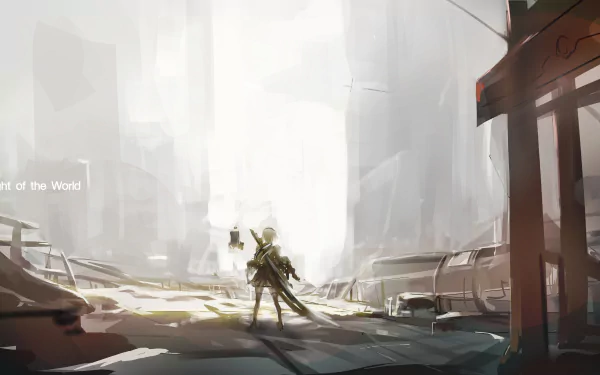 YoRHa No.2 Type B from NieR: Automata stands in a vast, futuristic cityscape. This 4K Ultra HD PC desktop wallpaper showcases the game's iconic character and atmosphere.