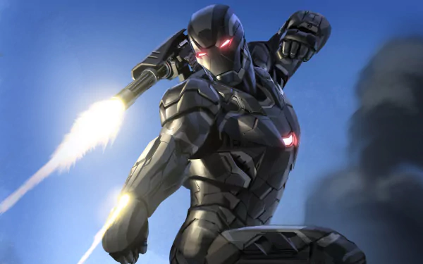 War Machine in action from Avengers: Infinity War, depicted in a dynamic 4K Ultra HD PC desktop wallpaper with glowing red eyes and firing weapons.