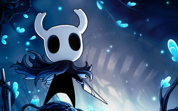 HD desktop wallpaper featuring a scene from the video game Hollow Knight, showcasing the main character in a mystical blue-lit environment surrounded by glowing butterflies.
