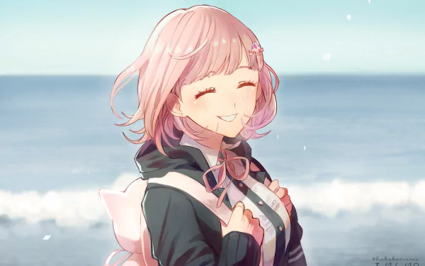 HD desktop wallpaper featuring Chiaki Nanami from Danganronpa 2: Goodbye Despair, smiling with a serene ocean background.