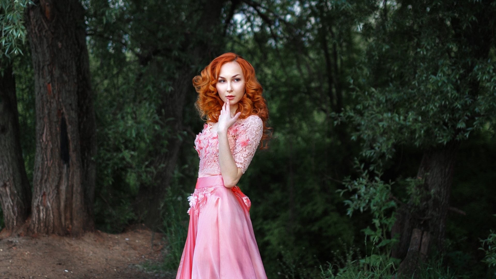 Download Pink Dress Redhead Woman Model HD Wallpaper