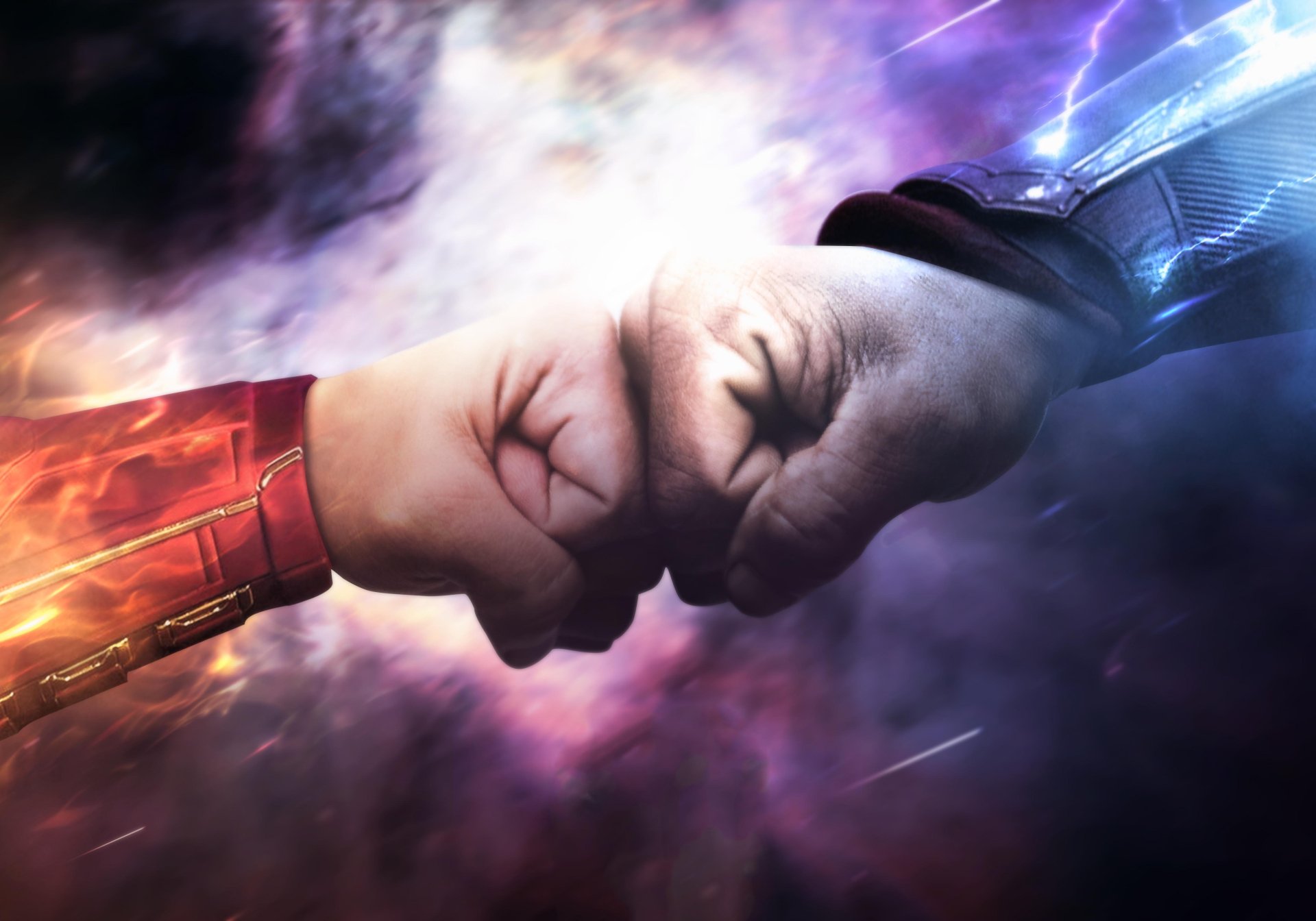 HD desktop wallpaper featuring Thor and Captain Marvel fist-bumping against a cosmic background, inspired by Avengers: Endgame.