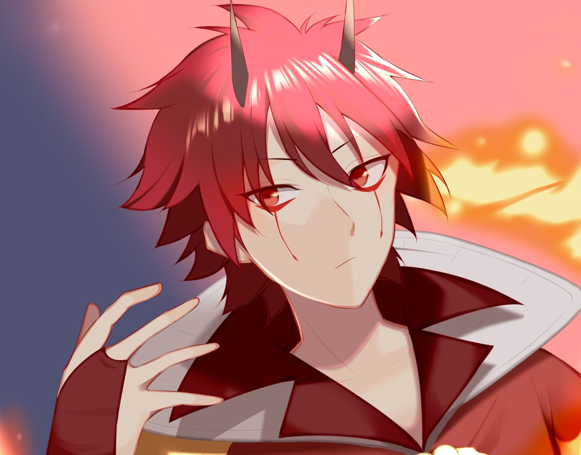 HD anime desktop wallpaper of Benimaru from That Time I Got Reincarnated as a Slime — close-up portrait with red hair, facial markings and a glowing, fiery background.