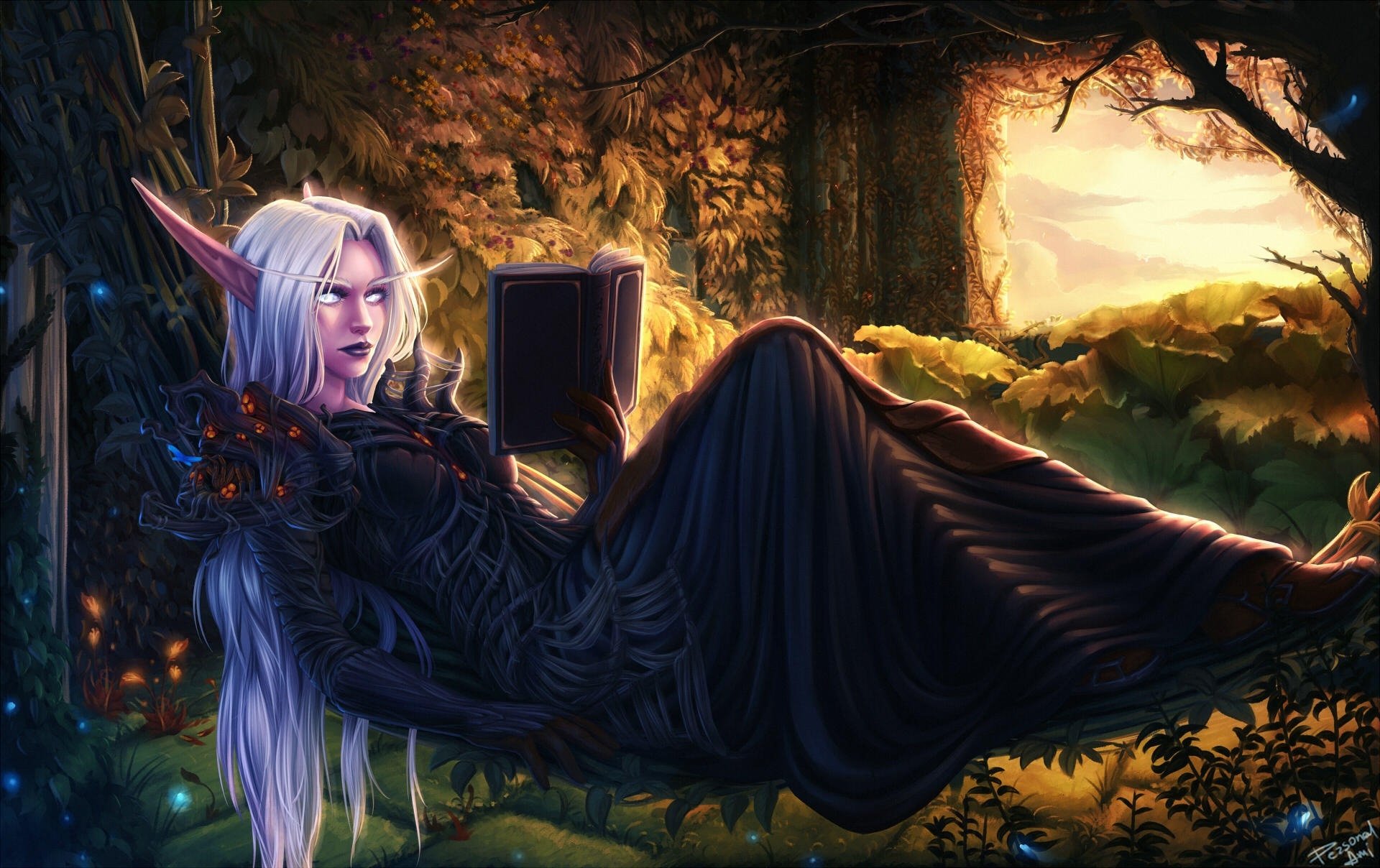 HD desktop wallpaper featuring a white-haired elf with pointed ears from World of Warcraft, reading a book in a mystical forest setting.