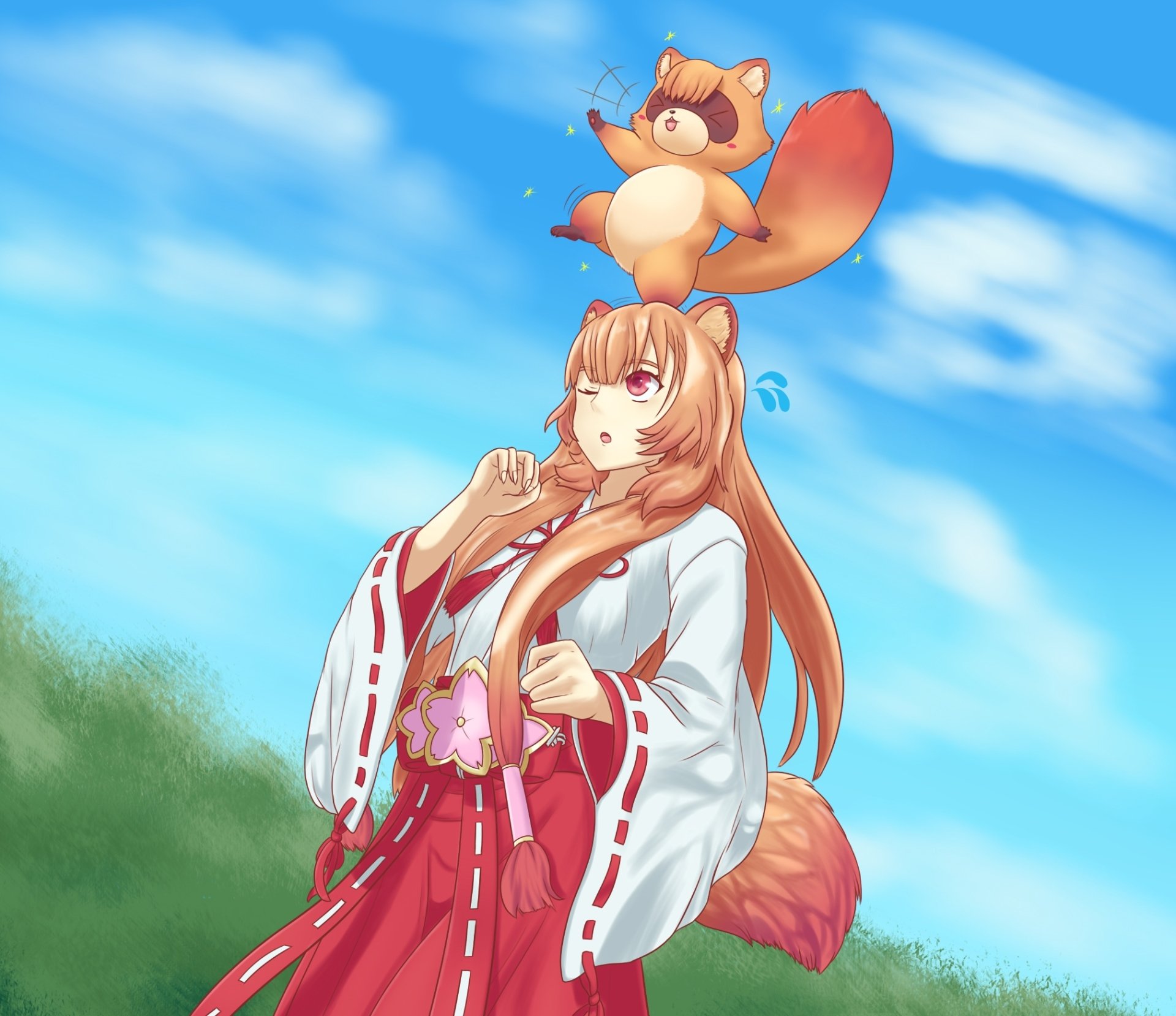HD anime wallpaper featuring Raphtalia from The Rising of the Shield Hero, set against a bright blue sky with clouds and lush greenery.
