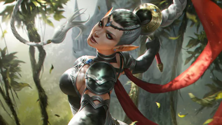 HD fantasy PC wallpaper of a blue-eyed elf woman warrior with pointed ears and a braid, clad in ornate armor amidst a mystical forest setting.