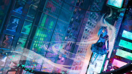 HD anime original desktop wallpaper featuring a futuristic cityscape with a character standing on a building ledge, surrounded by glowing neon lights and swirling mist.
