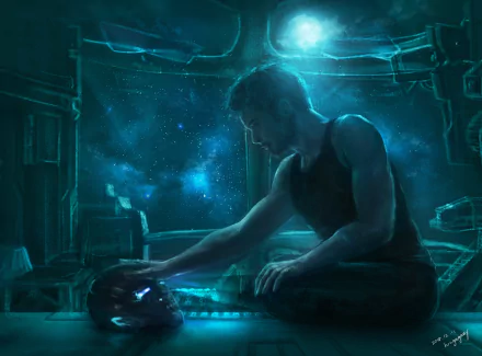 HD wallpaper featuring Tony Stark from the movie Avengers: Endgame. Depicts Tony Stark sitting in a futuristic setting, gazing at his Iron Man helmet with a cosmic background.