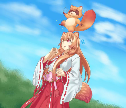 HD anime wallpaper featuring Raphtalia from The Rising of the Shield Hero, set against a bright blue sky with clouds and lush greenery.