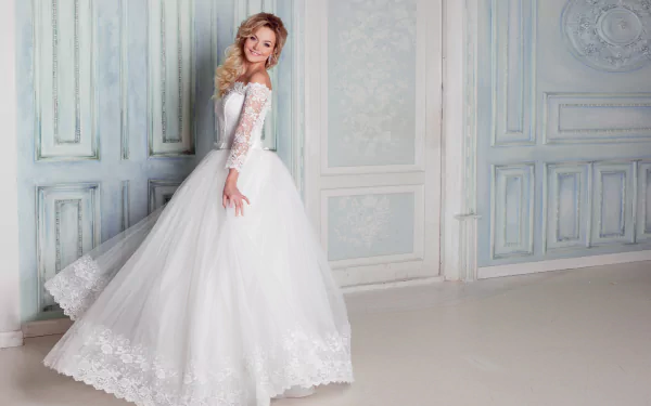 wedding dress white dress blonde smile woman bride HD Desktop Wallpaper | Background Image