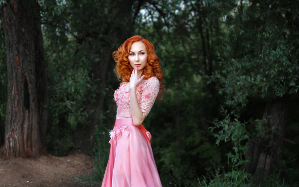 pink dress redhead woman model HD Desktop Wallpaper | Background Image