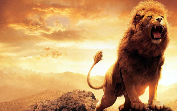 HD desktop wallpaper featuring a roaring lion standing on rocky terrain against a dramatic golden sky.